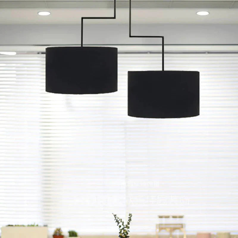 2 Bulbs Drum Chandelier Light Traditional Black/White Fabric Hanging Ceiling Fixture For Dining