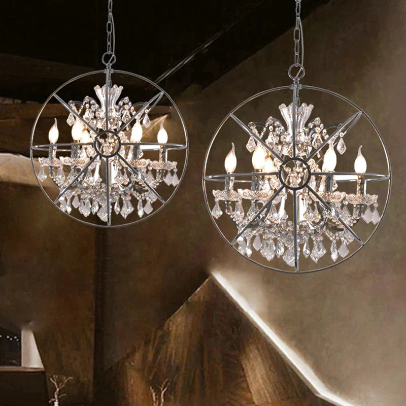 6 Lights Crystal Pendant Chandelier Classic Silver Globe Dining Room Hanging Ceiling Fixture