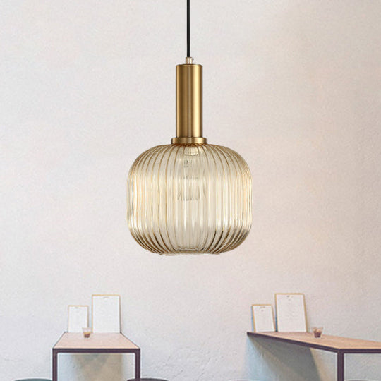 Chloe - Modernist 1 Light Grey/Green/Amber Ribbed Glass Ceiling Pendant Lamp Gold / Amber Cylinder