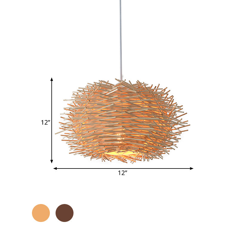 Luna - Rustic Wood Bird Nest Hanging Light Farmhouse Single Luminaire Lighting In Brown/Wood For