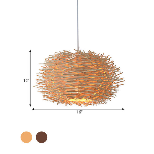 Luna - Rustic Wood Bird Nest Hanging Light Farmhouse Single Luminaire Lighting In Brown/Wood For