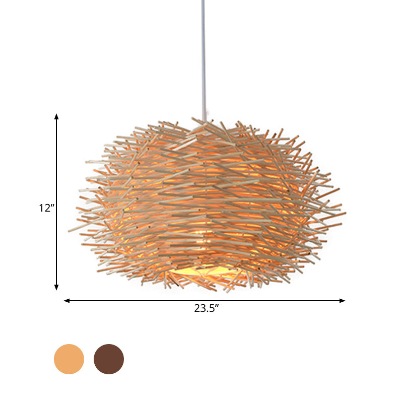 Luna - Rustic Wood Bird Nest Hanging Light Farmhouse Single Luminaire Lighting In Brown/Wood For