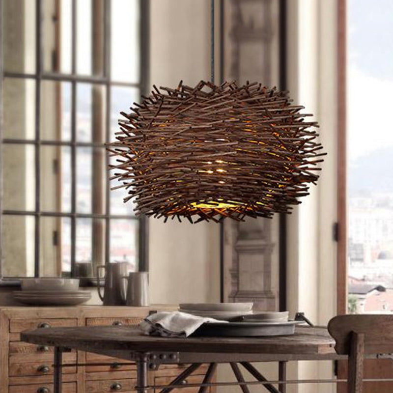 Luna - Rustic Wood Bird Nest Hanging Light Farmhouse Single Luminaire Lighting In Brown/Wood For