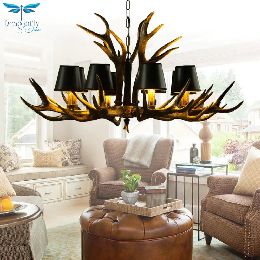 6/8/10 - Bulb Resin Suspension Light Rustic Black Tapered Living Room Chandelier Lighting With