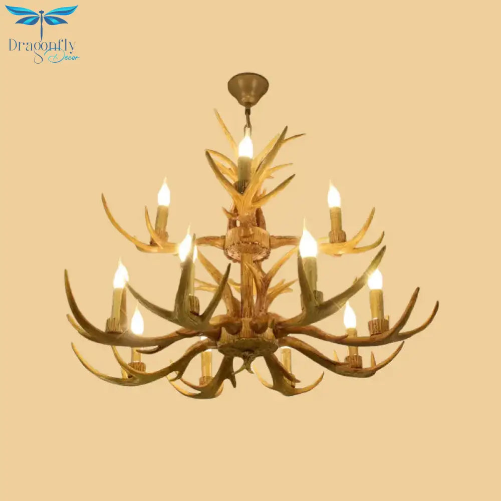 6/8/12 Bulbs Chandelier Lodge 1/2 - Layered Antler Resin Ceiling Suspension Lamp In Brown