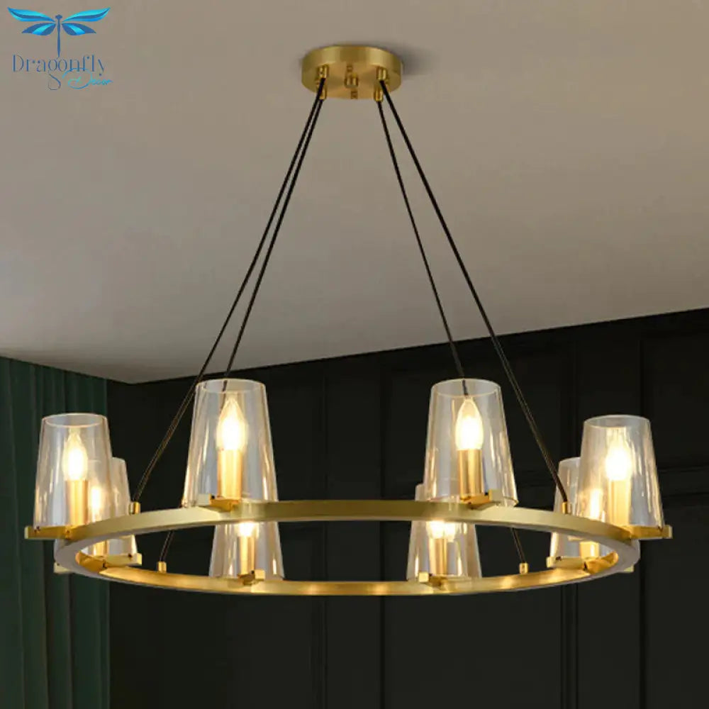 6/8 - Bulb Cone Hanging Chandelier Colonialist Gold Clear Glass Pendant Lighting With Round Design