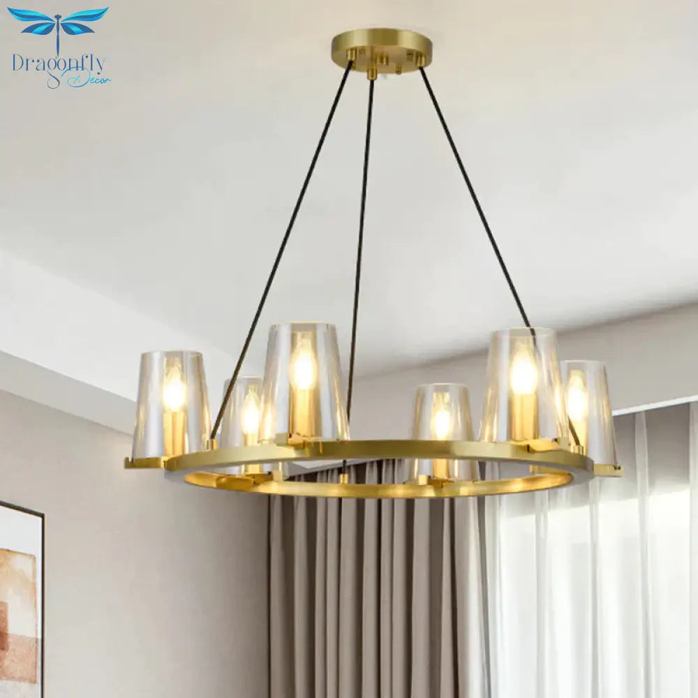6/8 - Bulb Cone Hanging Chandelier Colonialist Gold Clear Glass Pendant Lighting With Round Design