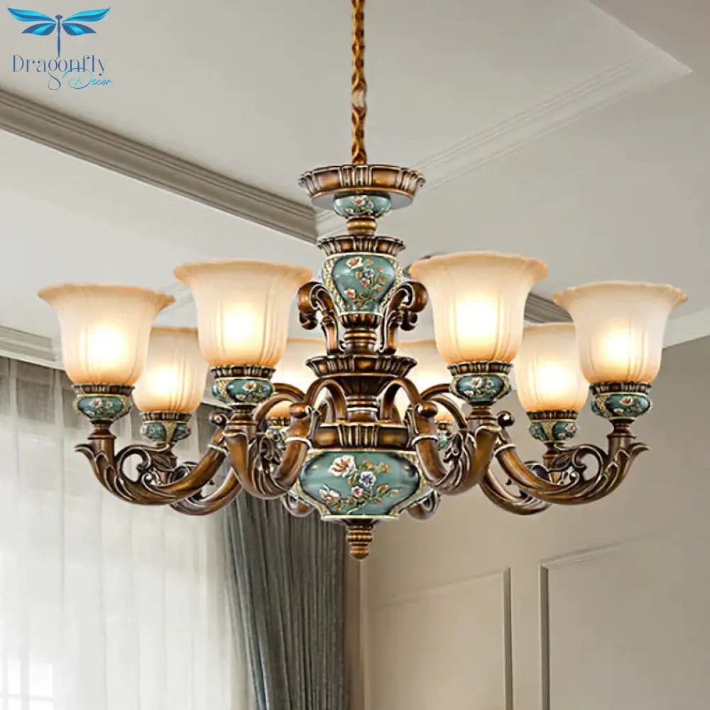 6/8 - Bulb Suspension Pendant Light Antique Style Blossom Shaped Opal Glass Chandelier Fixture In
