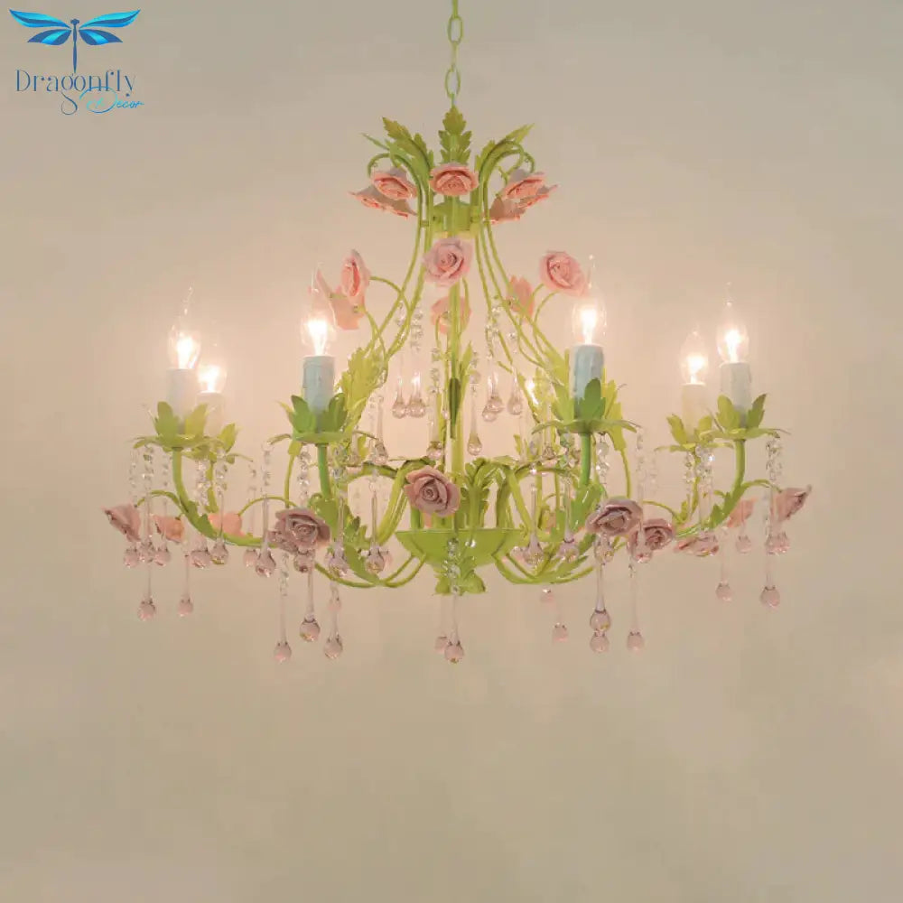 6/8 Bulbs Candle Pendant Lamp Traditionalism Green Crystal Chandelier Light Fixture For Bedroom