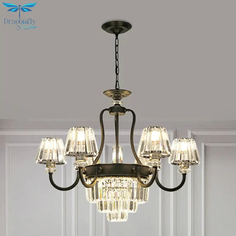 6/8 Bulbs Ceiling Lamp Traditional Tapered Crystal Chandelier Hanging Light Fixture In Black