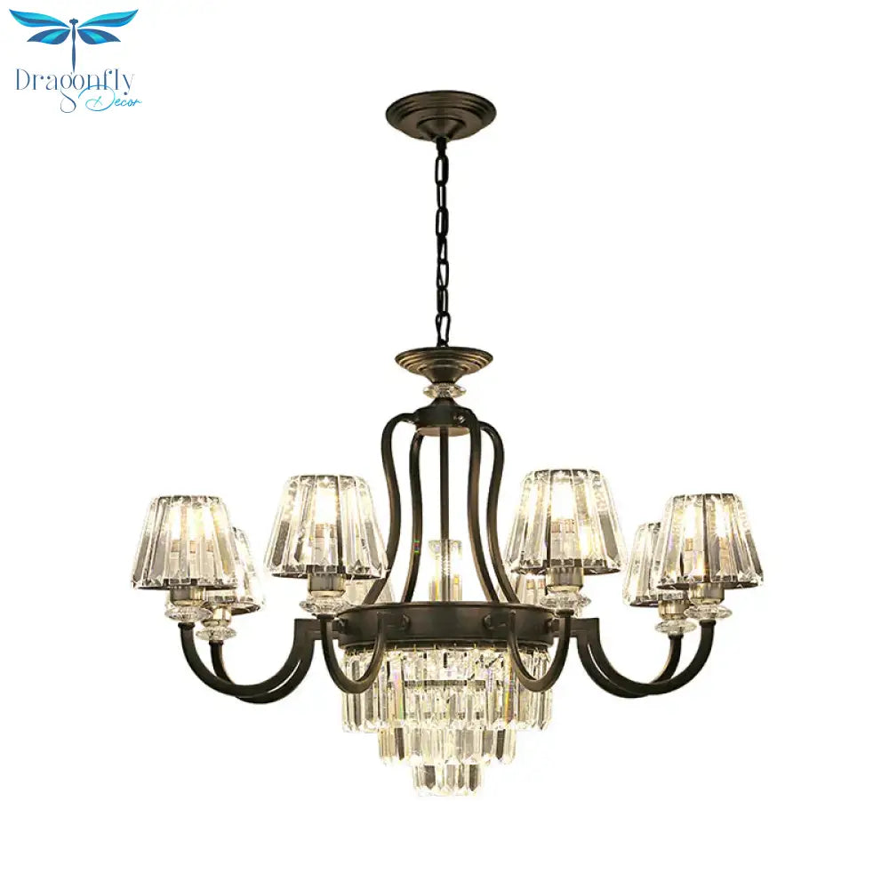 6/8 Bulbs Ceiling Lamp Traditional Tapered Crystal Chandelier Hanging Light Fixture In Black