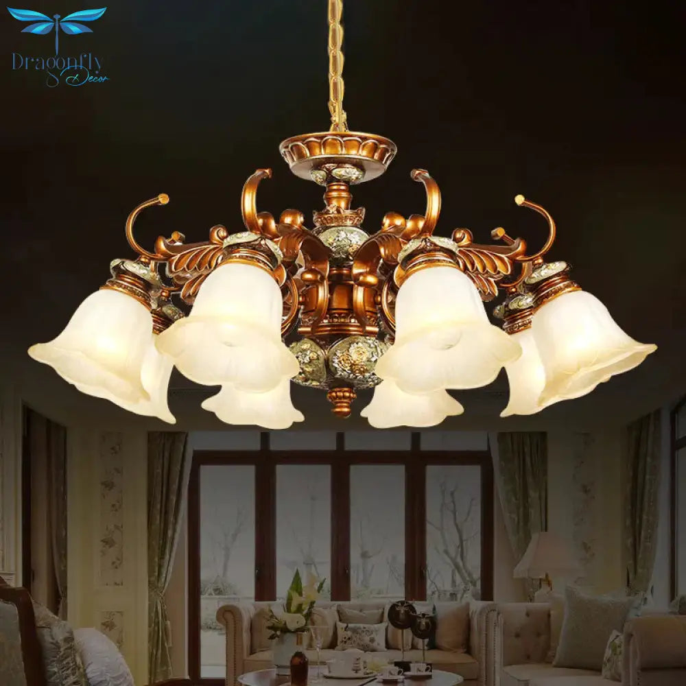 6/8 Bulbs Hanging Chandelier With Floral Shade Milky Glass Vintage Style Guest Room Ceiling Hang