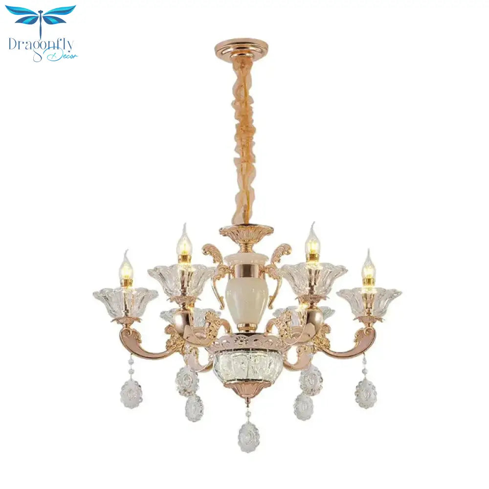 6/8 Bulbs Suspension Lighting Traditional Flower Clear Crystal Shade Chandelier With Curvy Arm In