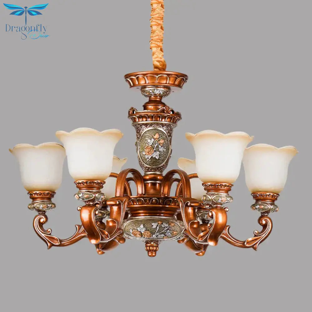 6/8 - Head Cream Glass Chandelier Lighting Vintage Brown Floral Shaped Dining Room Ceiling Pendant