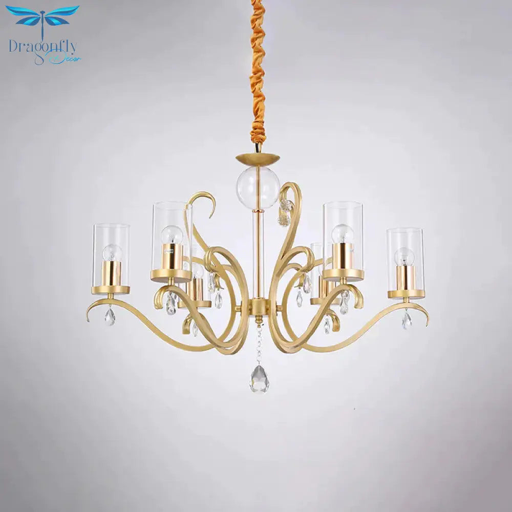 6/8 - Head Tube Shade Chandelier Lamp Antiqued Gold Clear Glass Hanging Ceiling Light With K9