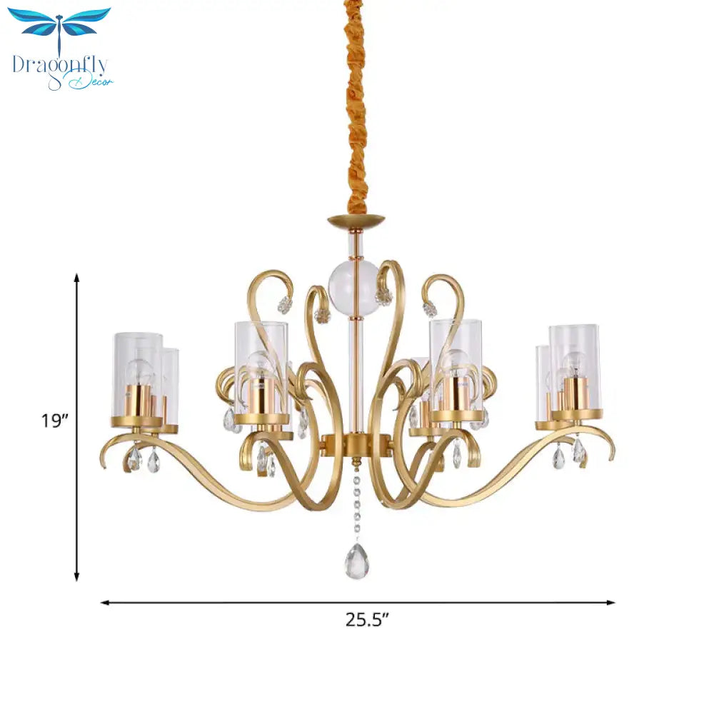6/8 - Head Tube Shade Chandelier Lamp Antiqued Gold Clear Glass Hanging Ceiling Light With K9