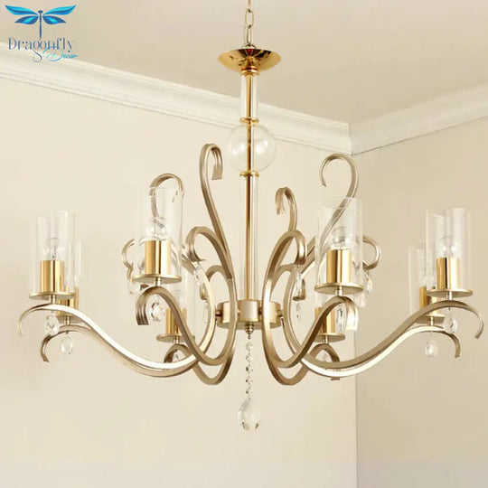 6/8 - Head Tube Shade Chandelier Lamp Antiqued Gold Clear Glass Hanging Ceiling Light With K9