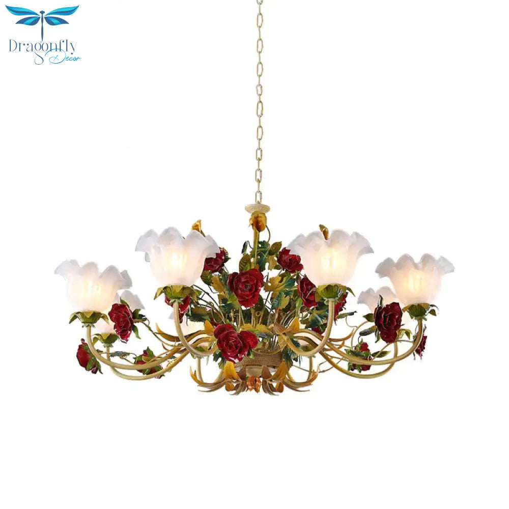 6/8 Heads Ceiling Hang Fixture Countryside Bloom Ivory Glass Pendant Chandelier In Light Tan