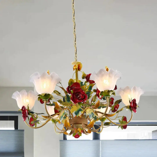 6/8 Heads Ceiling Hang Fixture Countryside Bloom Ivory Glass Pendant Chandelier In Light Tan 6 /