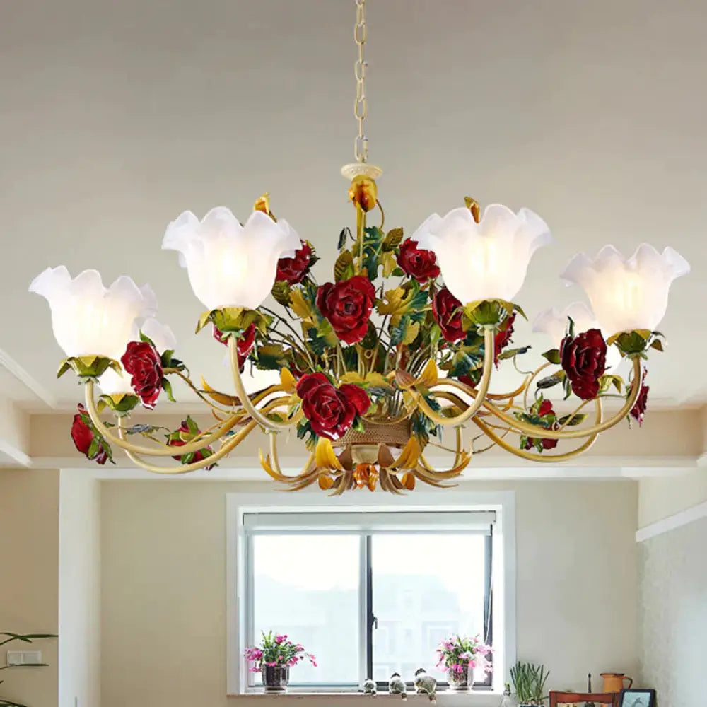 6/8 Heads Ceiling Hang Fixture Countryside Bloom Ivory Glass Pendant Chandelier In Light Tan 8 /