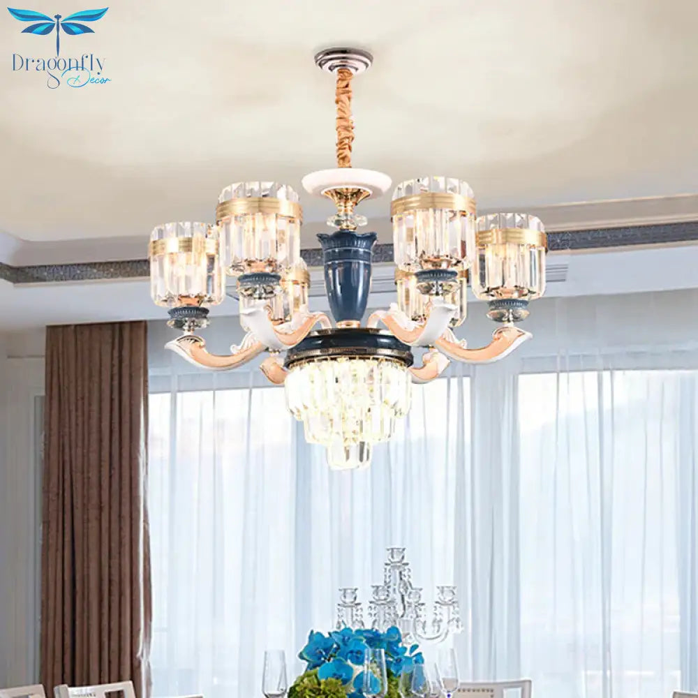 6/8 Heads Chandelier Lighting Traditional Cylindrical Clear Crystal Block Ceiling Hang Fixture
