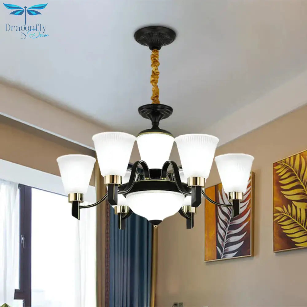 6/8 Heads Conical Chandelier Light Traditional Black Opal Glass Hanging Pendant With Curved Arm