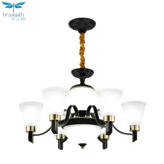 6/8 Heads Conical Chandelier Light Traditional Black Opal Glass Hanging Pendant With Curved Arm