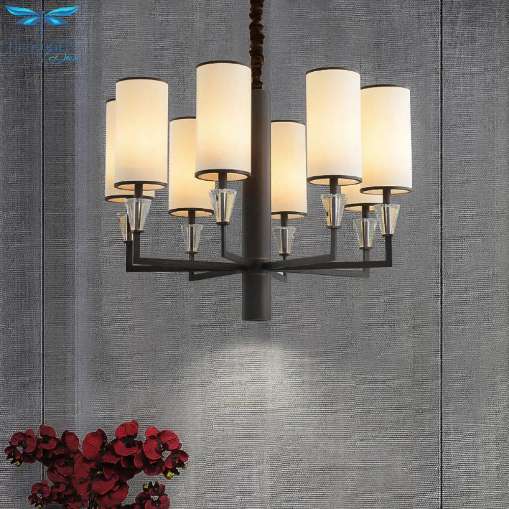 6/8 Heads Fabric Chandelier Lamp Traditional White Column Dining Table Suspension Pendant Light