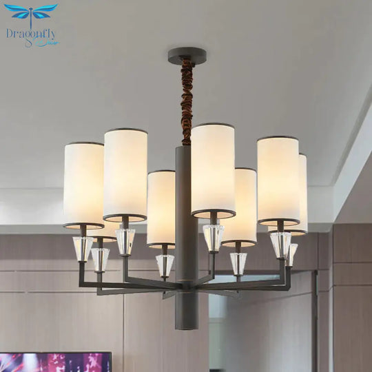 6/8 Heads Fabric Chandelier Lamp Traditional White Column Dining Table Suspension Pendant Light