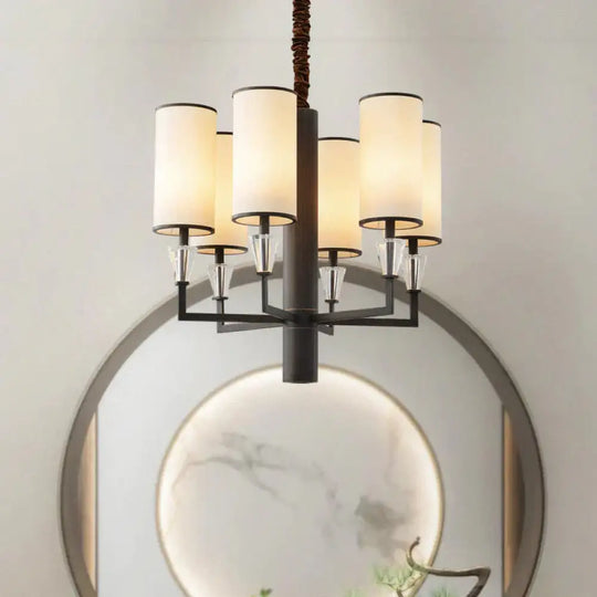 6/8 Heads Fabric Chandelier Lamp Traditional White Column Dining Table Suspension Pendant Light