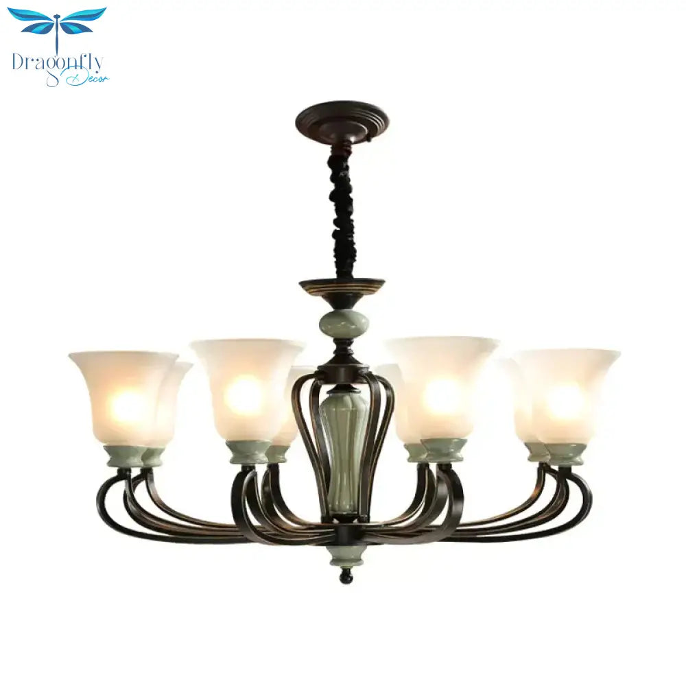 6/8 Heads Frosted Glass Chandelier Traditional Black Finish Bell Living Room Pendant Light Kit With