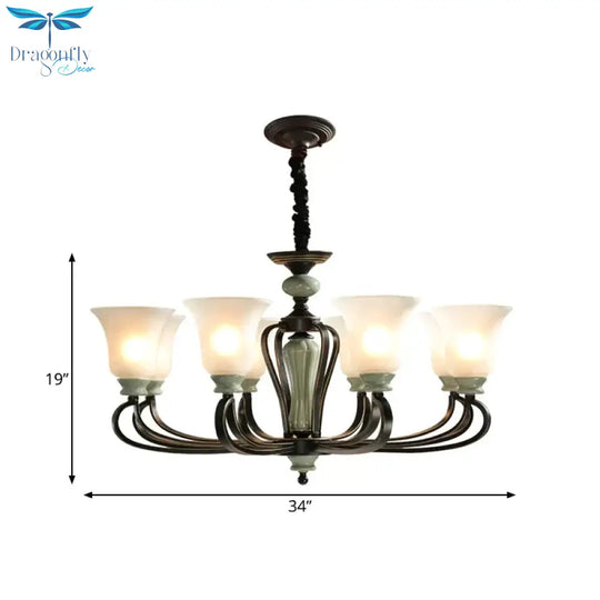 6/8 Heads Frosted Glass Chandelier Traditional Black Finish Bell Living Room Pendant Light Kit With
