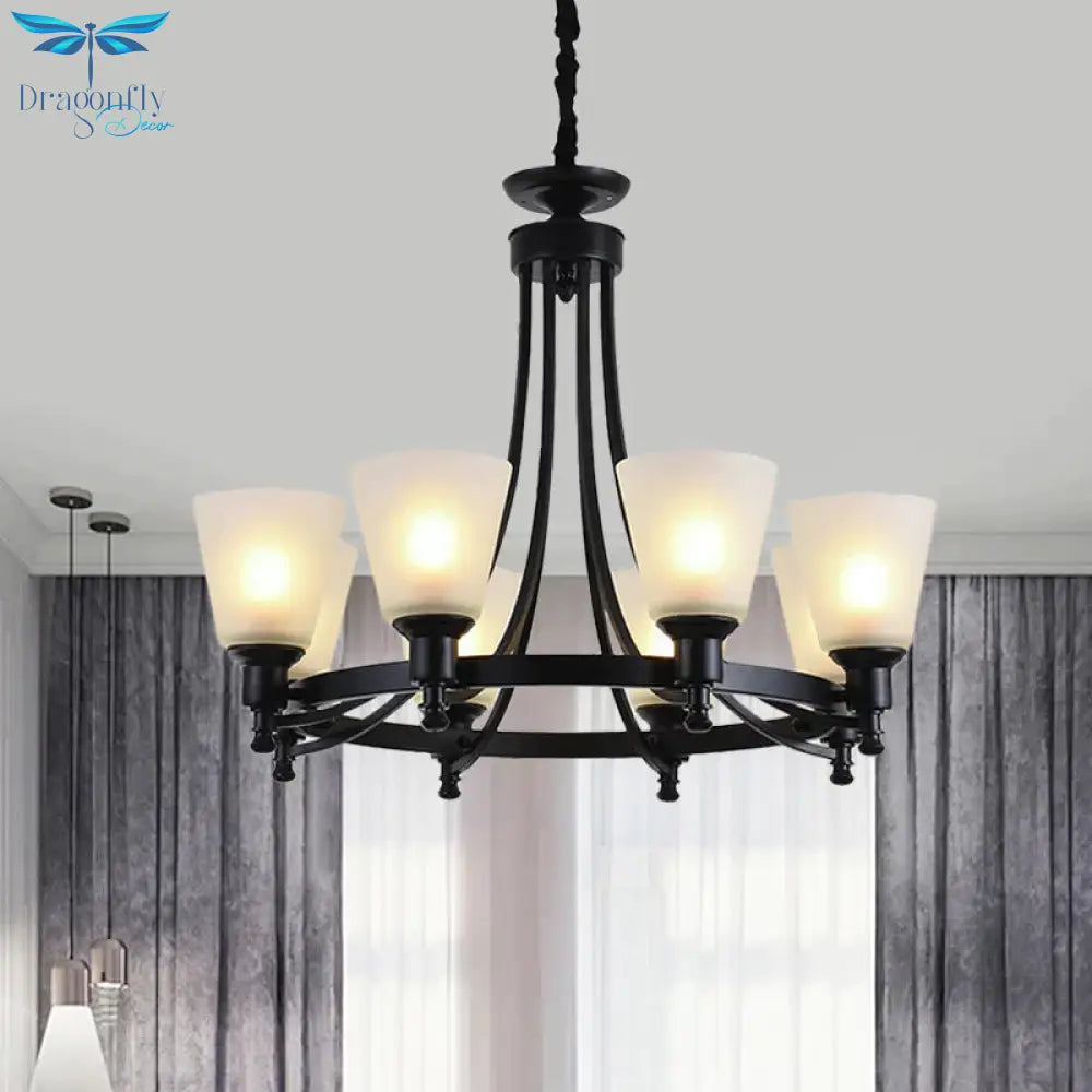 6/8 Heads Pendant Chandelier Rustic Living Room Lamp With Opal Glass Tapered Shade In Black