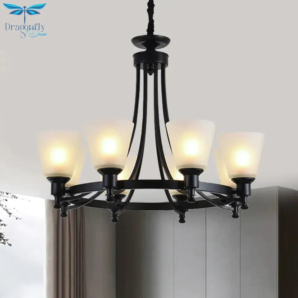 6/8 Heads Pendant Chandelier Rustic Living Room Lamp With Opal Glass Tapered Shade In Black
