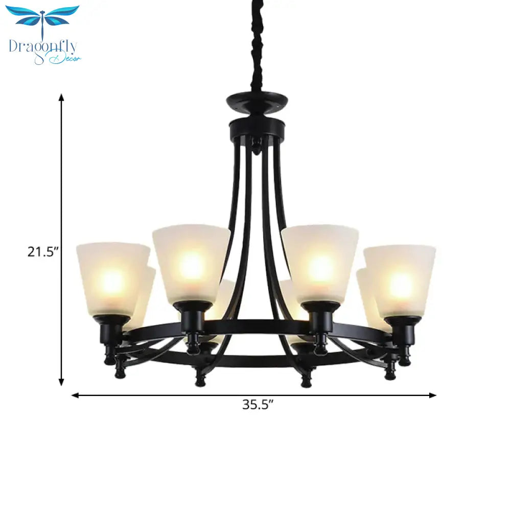 6/8 Heads Pendant Chandelier Rustic Living Room Lamp With Opal Glass Tapered Shade In Black