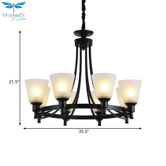 6/8 Heads Pendant Chandelier Rustic Living Room Lamp With Opal Glass Tapered Shade In Black