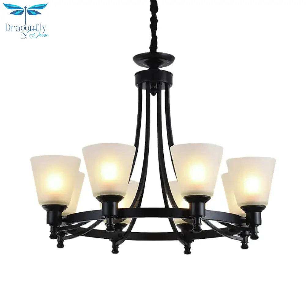6/8 Heads Pendant Chandelier Rustic Living Room Lamp With Opal Glass Tapered Shade In Black