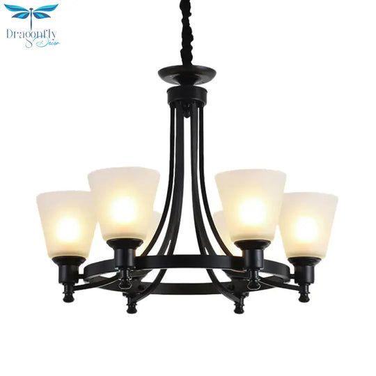 6/8 Heads Pendant Chandelier Rustic Living Room Lamp With Opal Glass Tapered Shade In Black