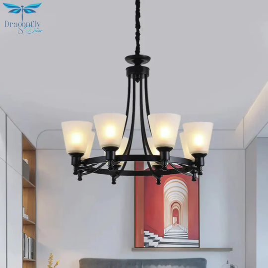 6/8 Heads Pendant Chandelier Rustic Living Room Lamp With Opal Glass Tapered Shade In Black