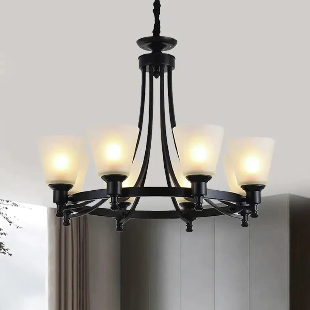 6/8 Heads Pendant Chandelier Rustic Living Room Lamp With Opal Glass Tapered Shade In Black 8 /