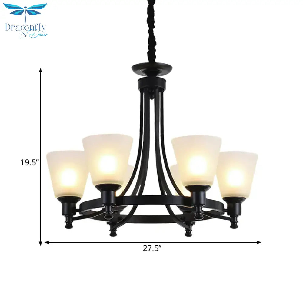 6/8 Heads Pendant Chandelier Rustic Living Room Lamp With Opal Glass Tapered Shade In Black