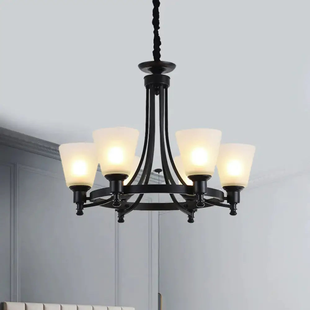 6/8 Heads Pendant Chandelier Rustic Living Room Lamp With Opal Glass Tapered Shade In Black 6 /
