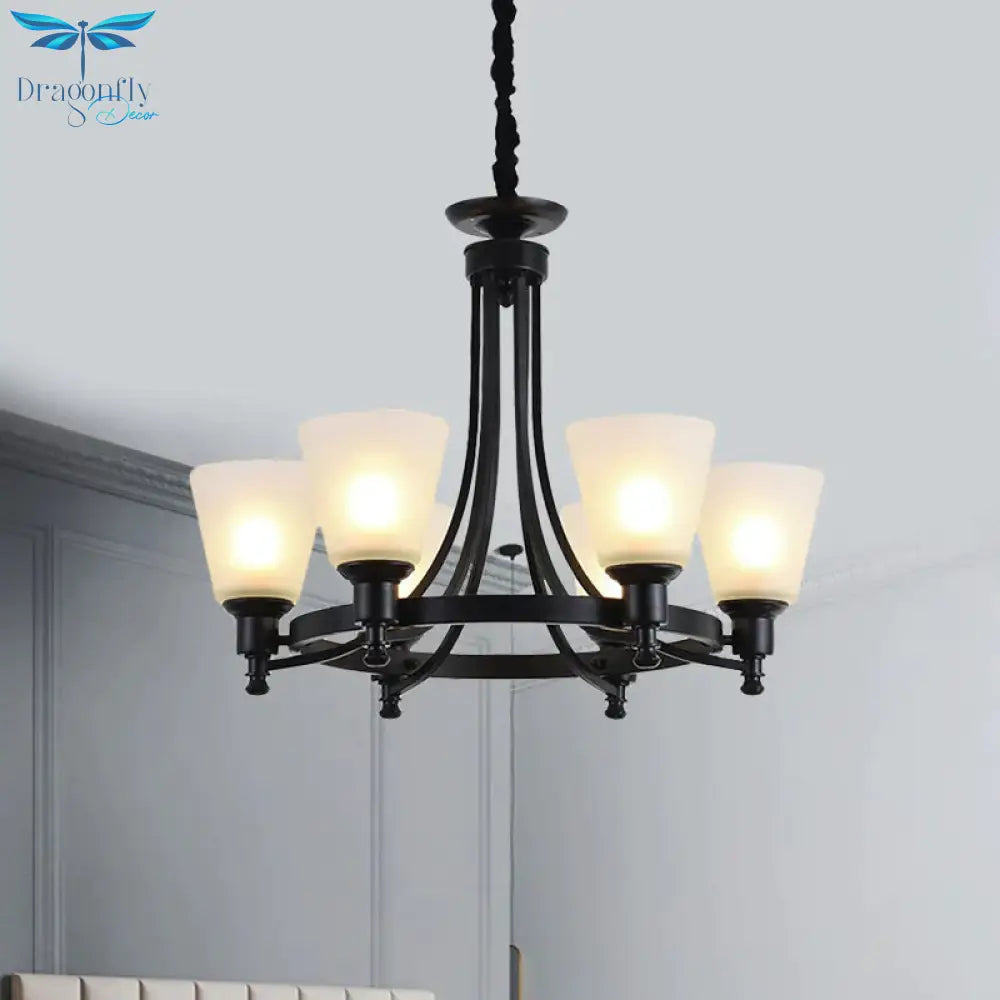 6/8 Heads Pendant Chandelier Rustic Living Room Lamp With Opal Glass Tapered Shade In Black