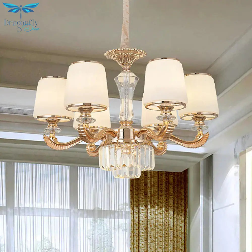 6/8 - Light Ceiling Chandelier Traditional Parlor Hanging Lamp With Tapered Milk Glass Shade In Gold