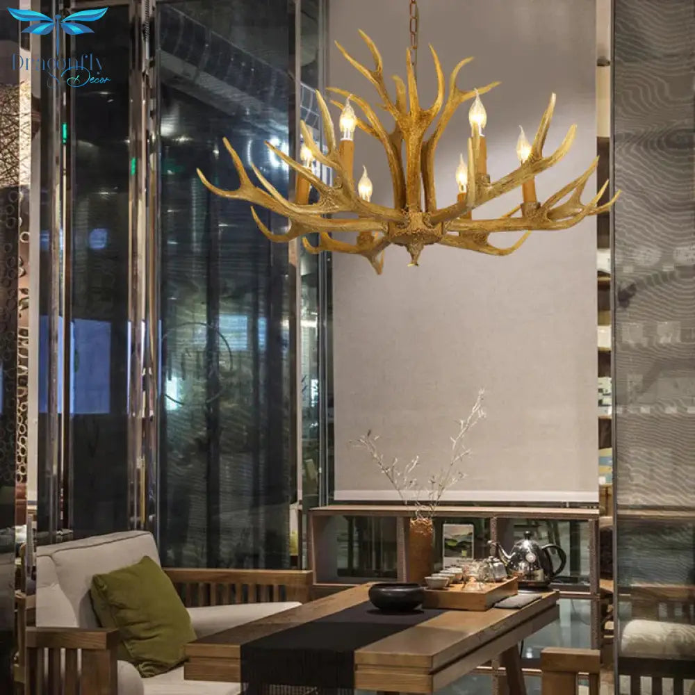 6/8 - Light Resin Chandelier Lamp Rural Brown Antlered Shape Living Room Hanging Pendant With Open