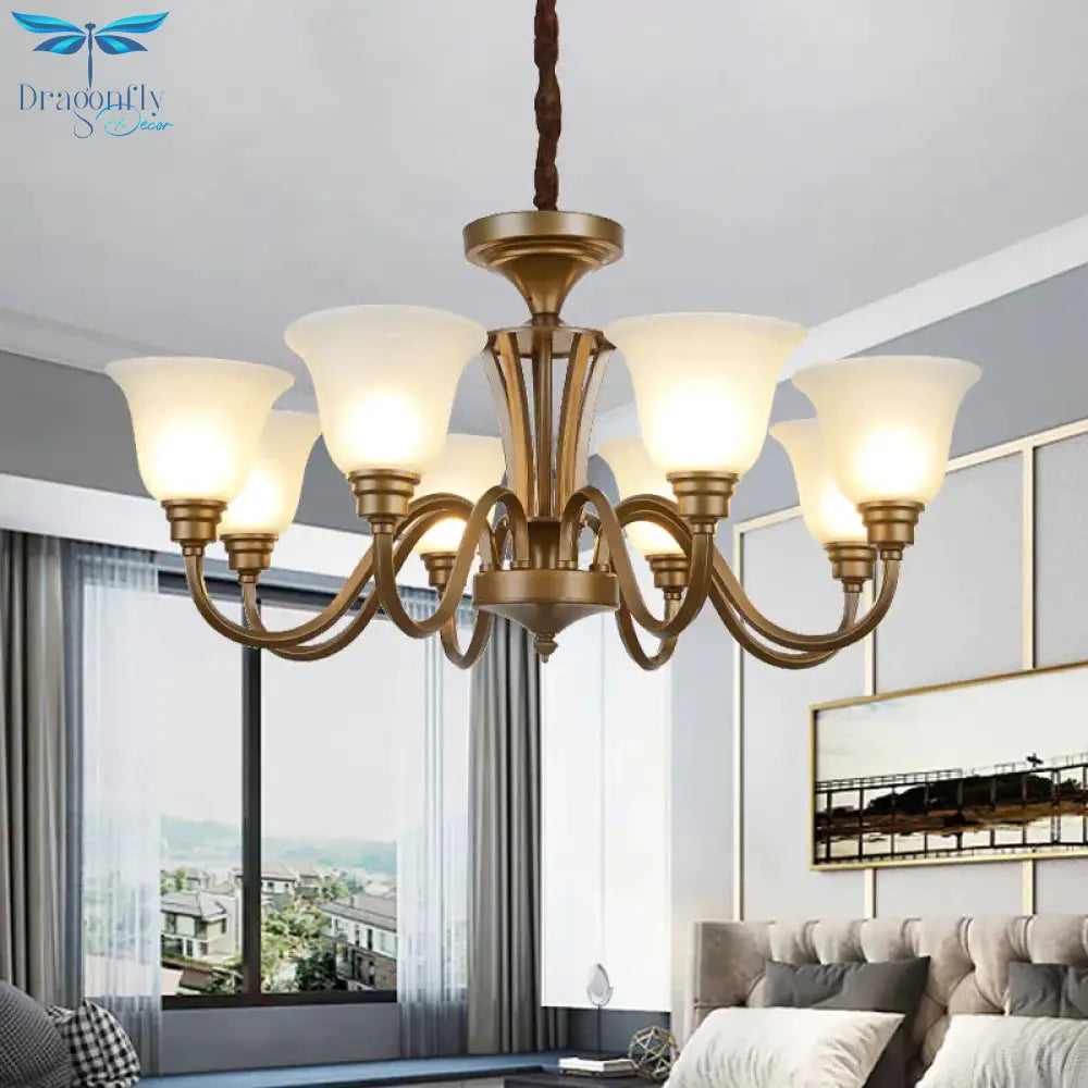 6/8 Lights Bell Shade Pendant Chandelier Traditional Style Brown Frosted Glass Pendulum Light