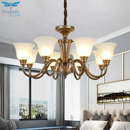 6/8 Lights Bell Shade Pendant Chandelier Traditional Style Brown Frosted Glass Pendulum Light