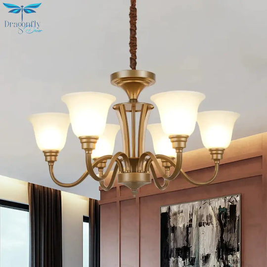 6/8 Lights Bell Shade Pendant Chandelier Traditional Style Brown Frosted Glass Pendulum Light