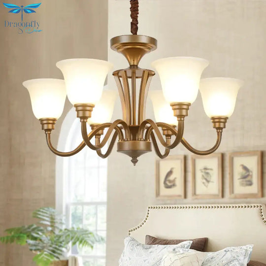 6/8 Lights Bell Shade Pendant Chandelier Traditional Style Brown Frosted Glass Pendulum Light