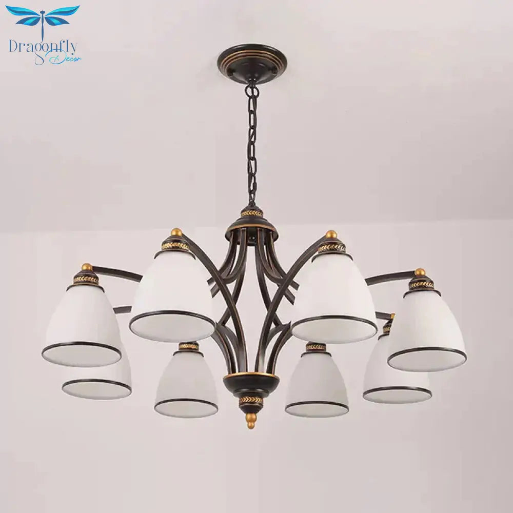 6/8 Lights Chandelier Retro Cylinder/Bell Clear Crystal/White Glass Hanging Pendant In Black/Gold